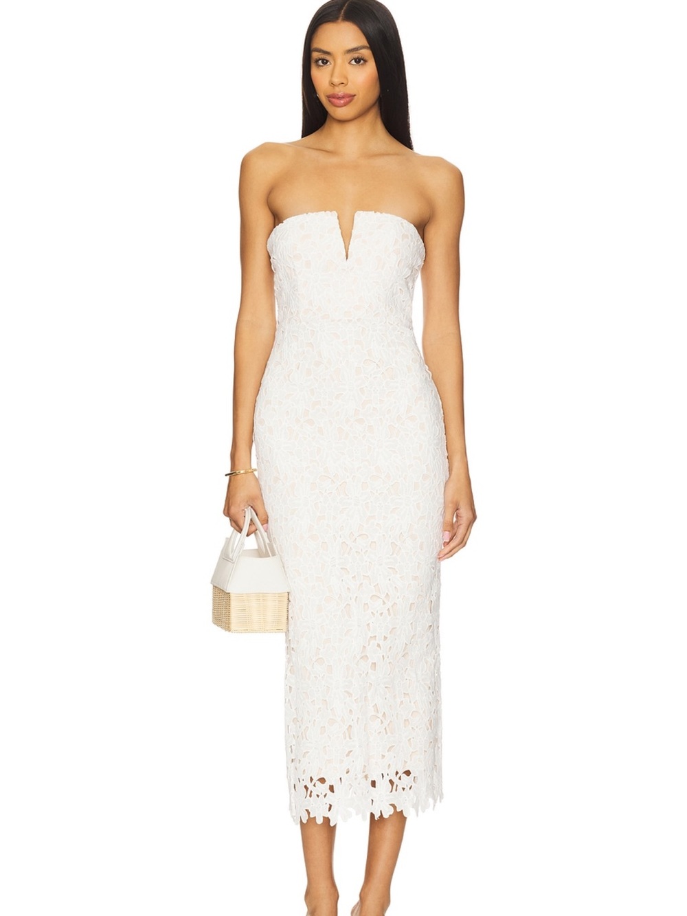 NWT BRAND NEW REVOLVE more to come dress.
White, lace, strapless midi dress.